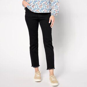 New Denim & Co Petites 16P Black Easy Stretch Straight Leg Crop Fringe Hem Jeans